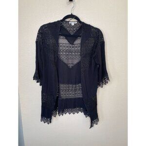 Moral Fiber Womens Black Lace Open-Front Cardigan M 100% Rayon Lightweight